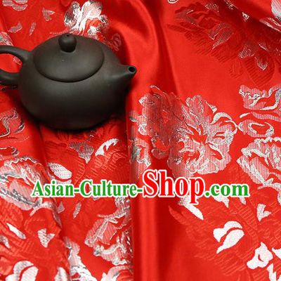 Red Brocade Chinese Traditional Silk Fabric Material Classical Peony Pattern Design Satin Drapery