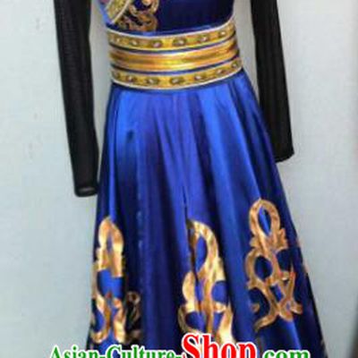 Chinese Traditional Mongol Nationality Ethnic Costumes Mongolian Folk Dance Blue Dress for Women