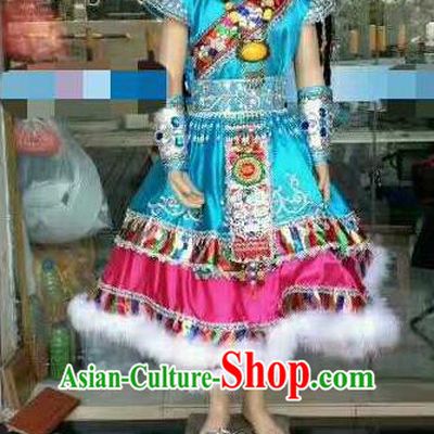 Chinese Traditional Zang Nationality Costumes Tibetan Folk Dance Ethnic Blue Dress for Kids