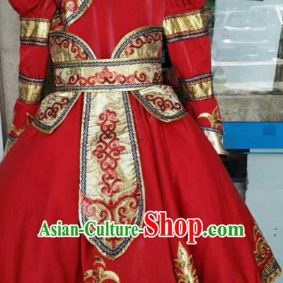 Chinese Traditional Mongol Nationality Costumes Mongolian Folk Dance Ethnic Red Dress for Kids