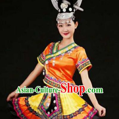 Chinese Traditional Miao Nationality Orange Costumes Hmong Folk Dance Ethnic Dress for Women