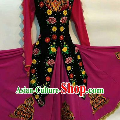 Chinese Traditional Uyghur Nationality Ethnic Costumes Uyghurian Folk Dance Purple Dress for Women