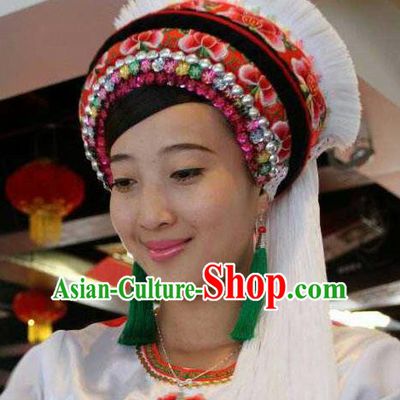 Chinese Traditional Bai Nationality Hair Accessories Bai Ethnic Hat Headwear for Women