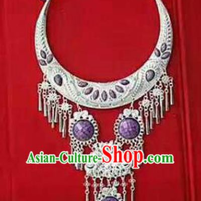 Chinese Traditional Dong Nationality Sliver Purple Necklace Ethnic Wedding Jewelry Accessories for Women