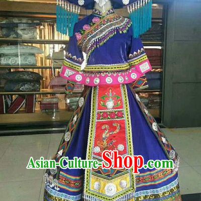 Chinese Traditional Zhuang Nationality Ethnic Costumes Folk Dance Royalblue Dress for Women