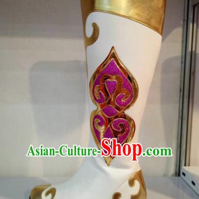 Chinese Traditional Mongolian Shoes Mongol Nationality Folk Dance White Boots for Women