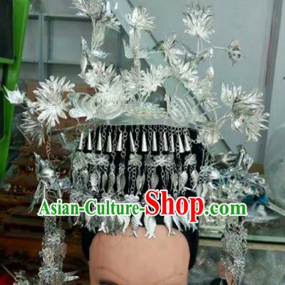 Traditional Chinese Miao Nationality Sliver Phoenix Coronet Hmong Ethnic Folk Dance Hair Accessories for Women