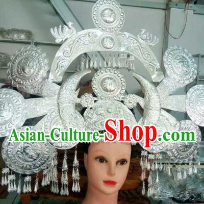 Traditional Chinese Miao Nationality Peacock Phoenix Coronet Hmong Ethnic Sliver Hair Accessories for Women