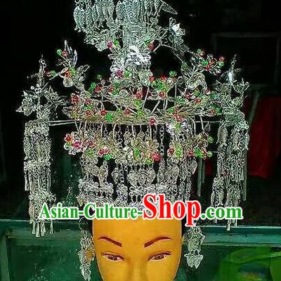 Traditional Chinese Miao Nationality Sliver Phoenix Coronet Hmong Ethnic Wedding Hair Accessories for Women