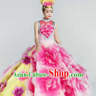 Chinese Traditional Classical Dance Costumes Peony Dance Pink Dress for Women