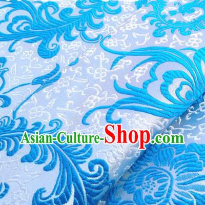 Chinese Traditional Blue Brocade Classical Ombre Flowers Pattern Design Silk Fabric Material Satin Drapery