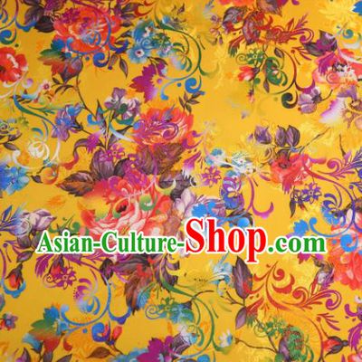Chinese Traditional Yellow Brocade Classical Peony Flowers Pattern Design Silk Fabric Material Satin Drapery
