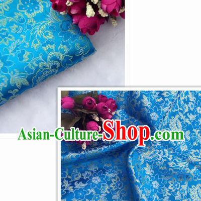 Chinese Traditional Blue Brocade Classical Flowers Pattern Design Silk Fabric Material Satin Drapery