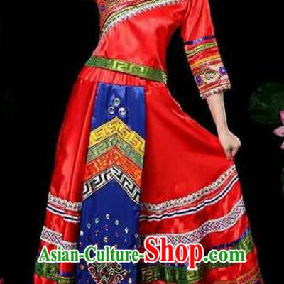 Chinese Traditional Zhuang Nationality Costumes Folk Dance Red Dress and Hat for Women
