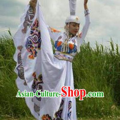 Chinese Traditional Mongol Nationality Costumes Mongolian Ethnic Folk Dance White Dress and Hat for Women