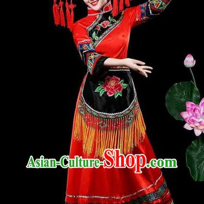 Chinese Traditional Zhuang Nationality Costumes Ethnic Folk Dance Red Dress and Hat for Women