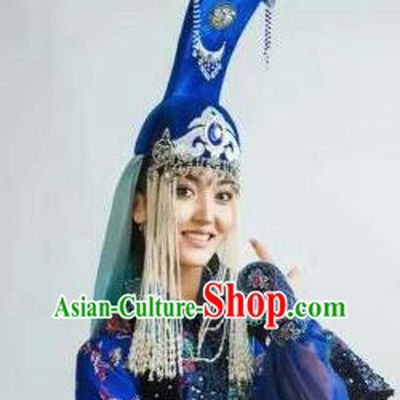 Chinese Traditional Mongol Nationality Headwear Mongolian Dance Ethnic Blue Hat for Women