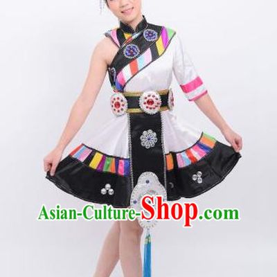 Chinese Traditional Zang Nationality Wedding Costumes Ethnic Folk Dance Dress and Headwear for Women
