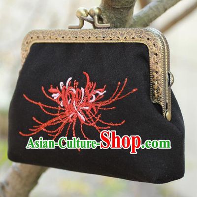 Chinese Traditional Handmade Embroidered Black Coin Purse Retro Handbag for Women
