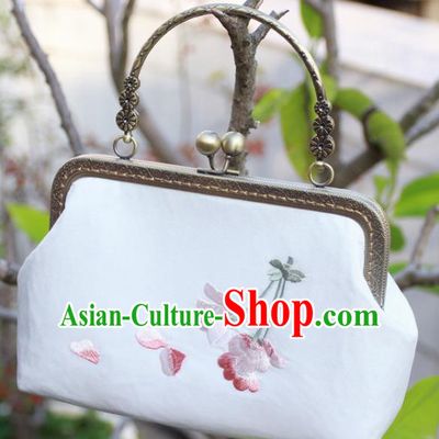 Chinese Traditional Handmade Embroidered Peach Blossom White Bags Retro Handbag for Women