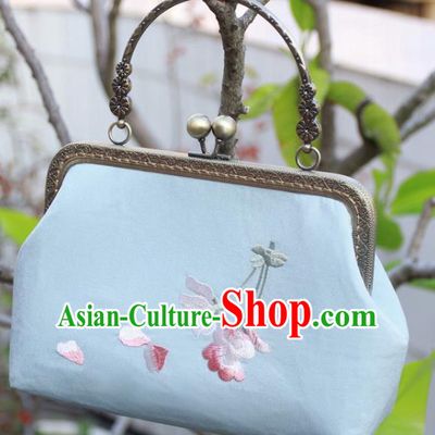 Chinese Traditional Handmade Embroidered Peach Blossom Blue Bags Retro Handbag for Women