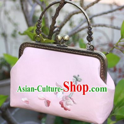 Chinese Traditional Handmade Embroidered Peach Blossom Pink Bags Retro Handbag for Women