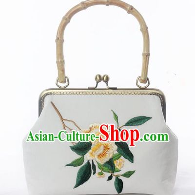 Chinese Traditional Handmade Embroidered Camellia White Bags Retro Handbag for Women