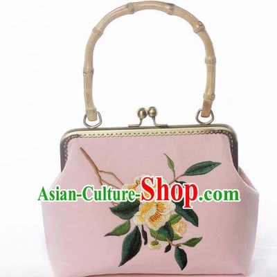 Chinese Traditional Handmade Embroidered Camellia Pink Bags Retro Handbag for Women