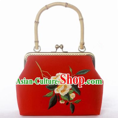 Chinese Traditional Handmade Embroidered Camellia Red Bags Retro Handbag for Women