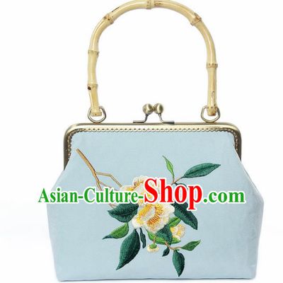 Chinese Traditional Handmade Embroidered Camellia Blue Bags Retro Handbag for Women