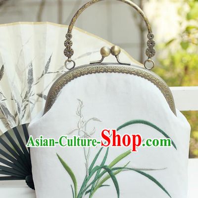 Chinese Traditional Handmade Embroidered Orchid White Bag Retro Handbag for Women