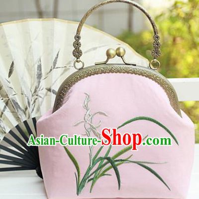 Chinese Traditional Handmade Embroidered Orchid Pink Bag Retro Handbag for Women