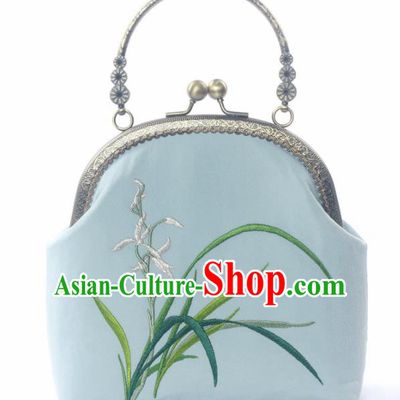 Chinese Traditional Handmade Embroidered Orchid Blue Bag Retro Handbag for Women