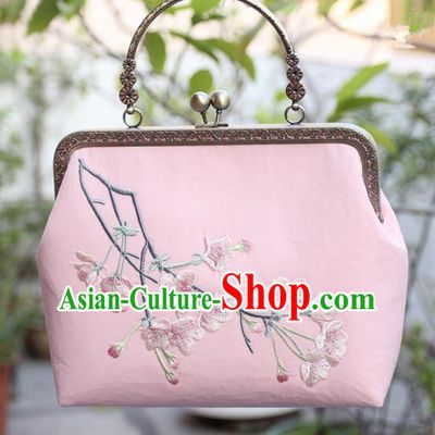Chinese Traditional Handmade Embroidered Peach Blossom Pink Bag Retro Handbag for Women
