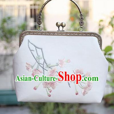 Chinese Traditional Handmade Embroidered Peach Blossom White Bag Retro Handbag for Women