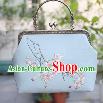 Chinese Traditional Handmade Embroidered Peach Blossom Blue Bag Retro Handbag for Women