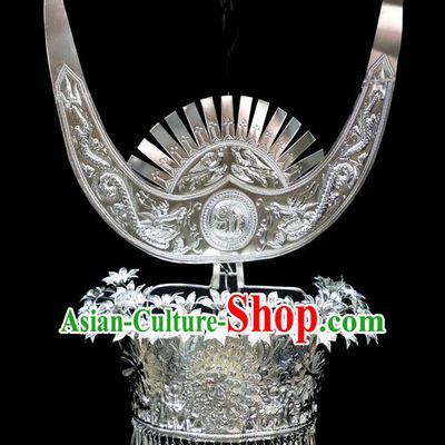 Chinese Traditional Miao Nationality Wedding Hair Accessories Hmong Carving Sliver Phoenix Coronet for Women