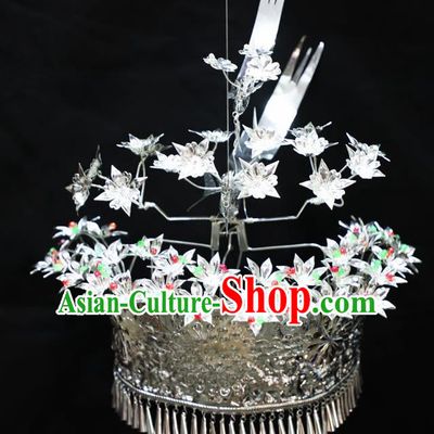 Chinese Traditional Miao Nationality Hair Accessories Hmong Carving Sliver Wedding Phoenix Coronet for Women
