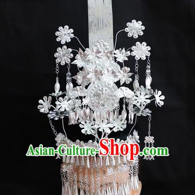 Chinese Traditional Miao Nationality Hair Accessories Phoenix Coronet Hmong Carving Sliver Hairpins for Women