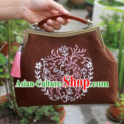 Chinese Traditional Handmade Embroidered Bags Retro Brown Handbags for Women