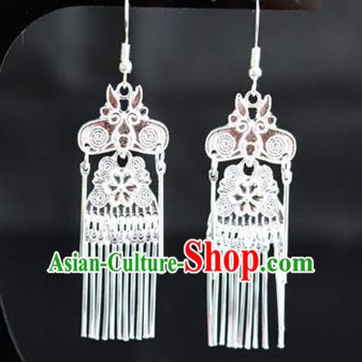 Chinese Traditional Miao Nationality Wedding Accessories Sliver Tassel Earrings for Women