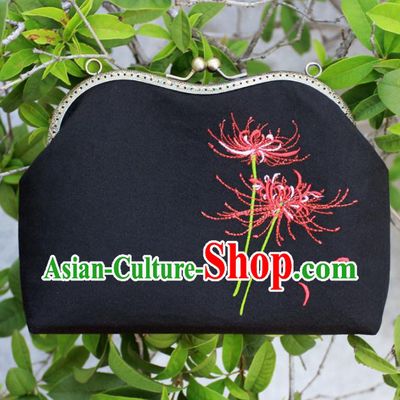 Chinese Traditional Handmade Embroidered Equinox Flower Black Bags Retro Handbag for Women