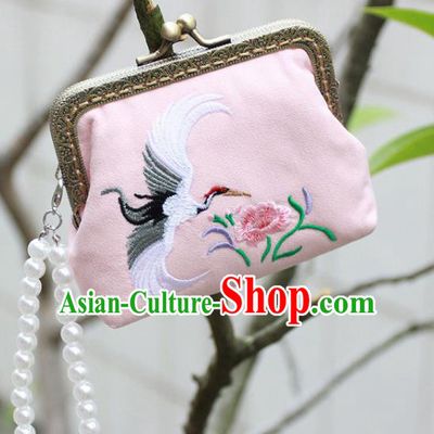 Chinese Traditional Handmade Embroidered Crane Flower Pink Wallet Retro Coin Purse Handbag for Women