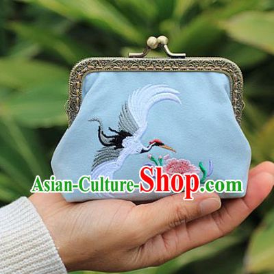 Chinese Traditional Handmade Embroidered Crane Flower Blue Wallet Retro Coin Purse Handbag for Women