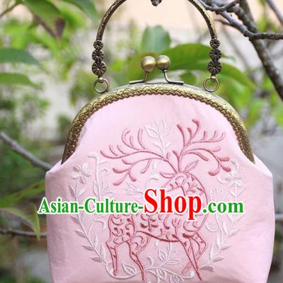 Chinese Traditional Handmade Embroidered Pink Bags Retro Handbag for Women