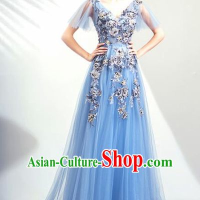 Top Grade Handmade Catwalks Costumes Compere Blue Full Dress for Women