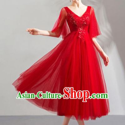 Top Grade Handmade Catwalks Costumes Compere Red Veil Full Dress for Women