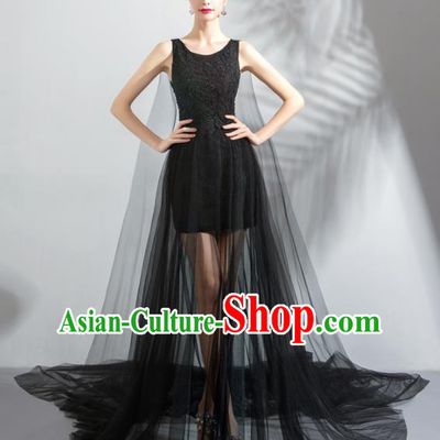 Top Grade Handmade Catwalks Costumes Compere Black Veil Full Dress for Women