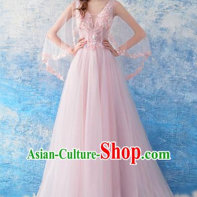 Top Grade Handmade Catwalks Costumes Compere Pink Veil Full Dress for Women