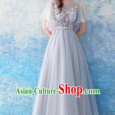 Top Grade Handmade Catwalks Costumes Compere Grey Veil Full Dress for Women